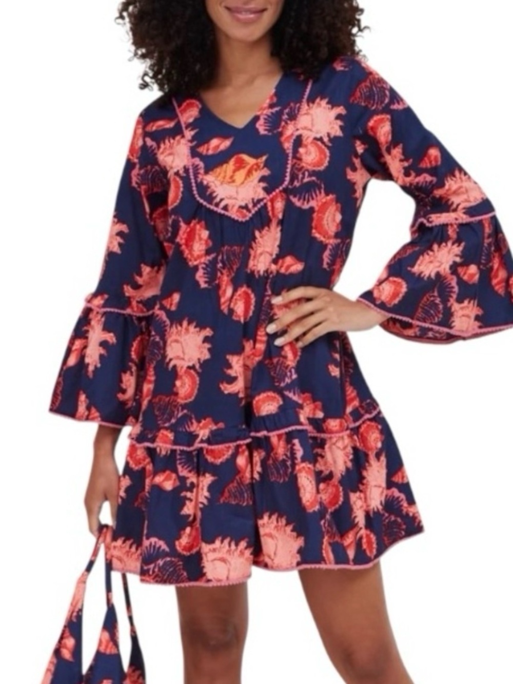 Moda Posa Ileria Shell Me About It Navy and Coral Tiered Bell Sleeve Mini Dress